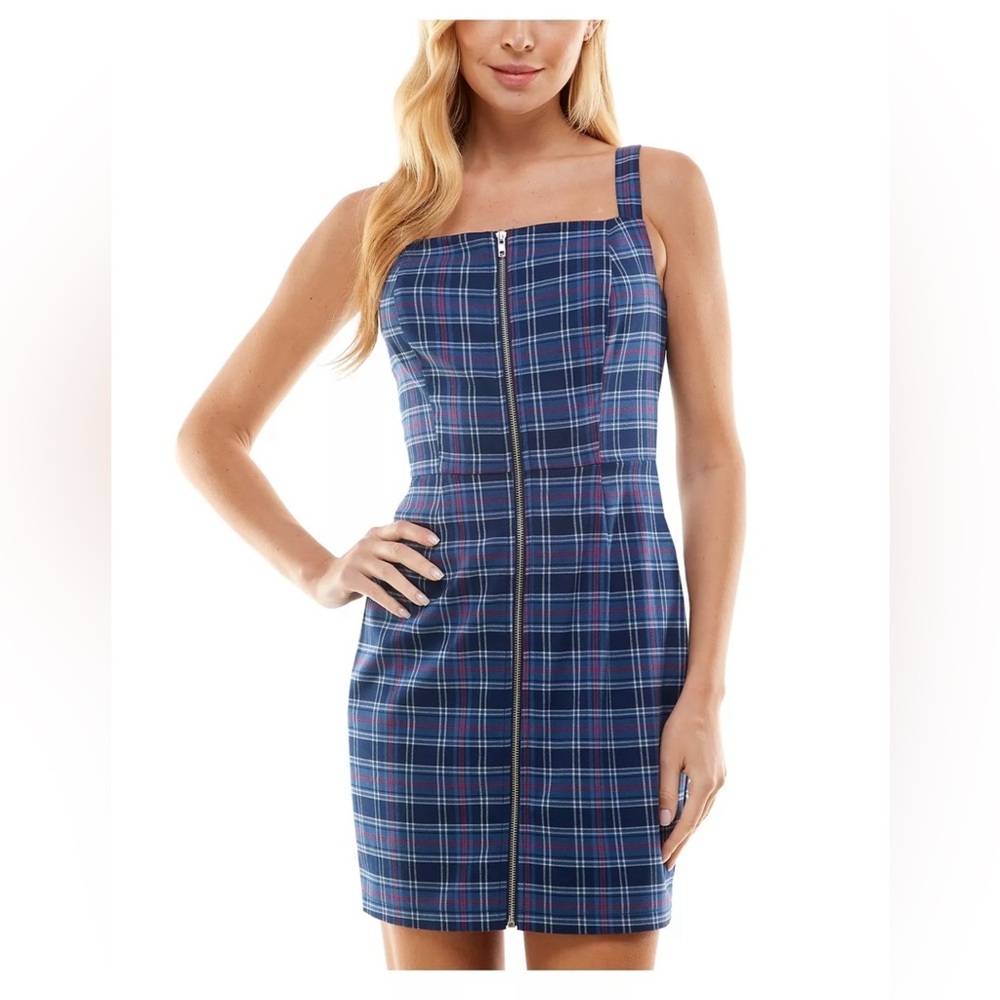 New KINGSTON GREY Womens Navy Plaid Sleeveless Square Neck Short Sheath Dress L